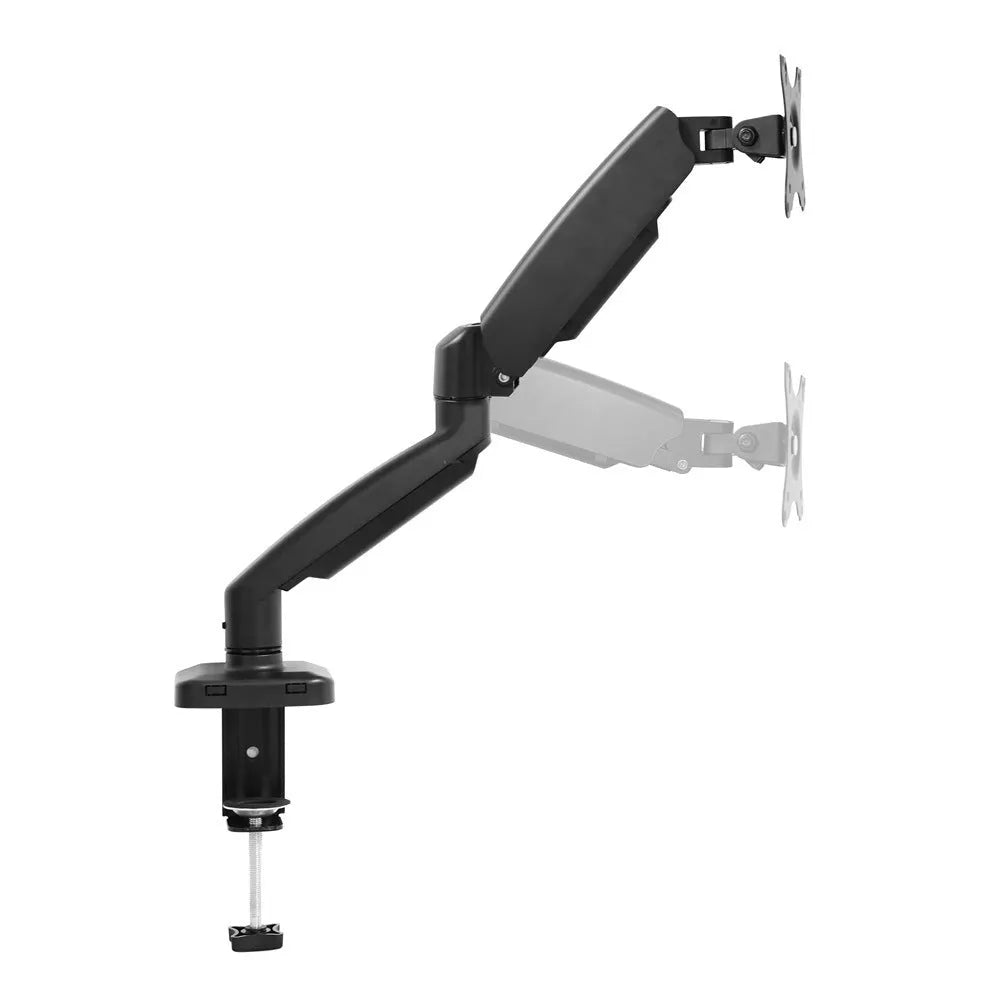 Black rotating telescopic LCD screen bracket on a desk, showing height adjustment and swivel function.