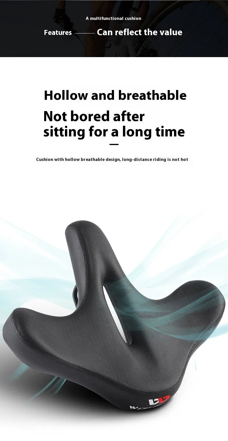 Black leather bicycle saddle cushion with polyurethane foam padding shown on a bicycle seat