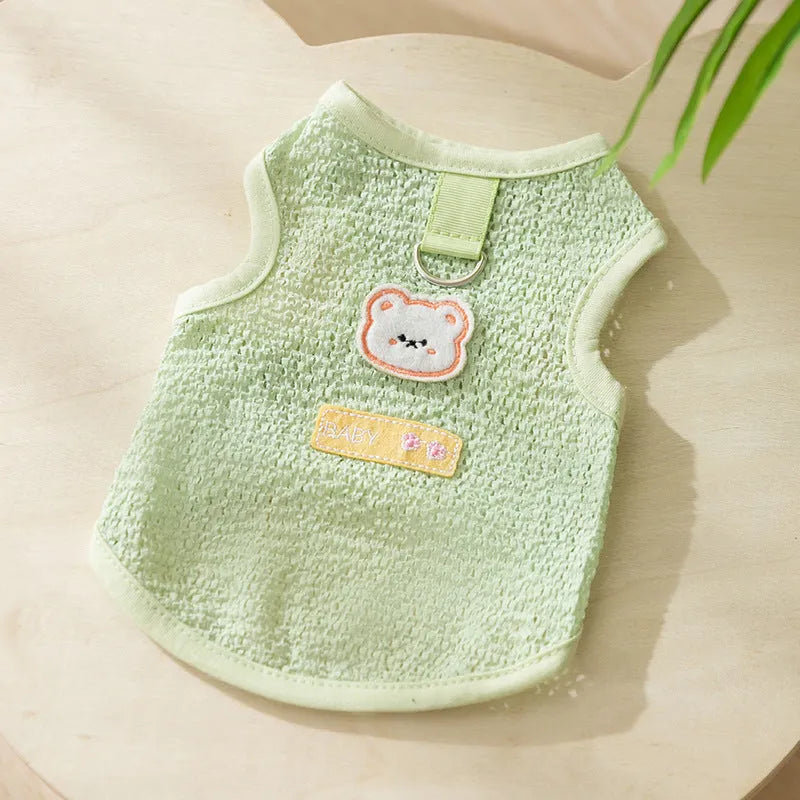 Green cat clothes with hollowed-out bear patch design made from knitted fabric