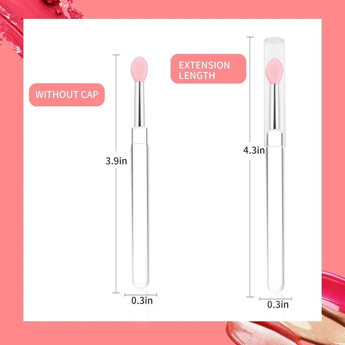 Set of reusable silicone lip brushes with protective caps in various colours on a pink background.