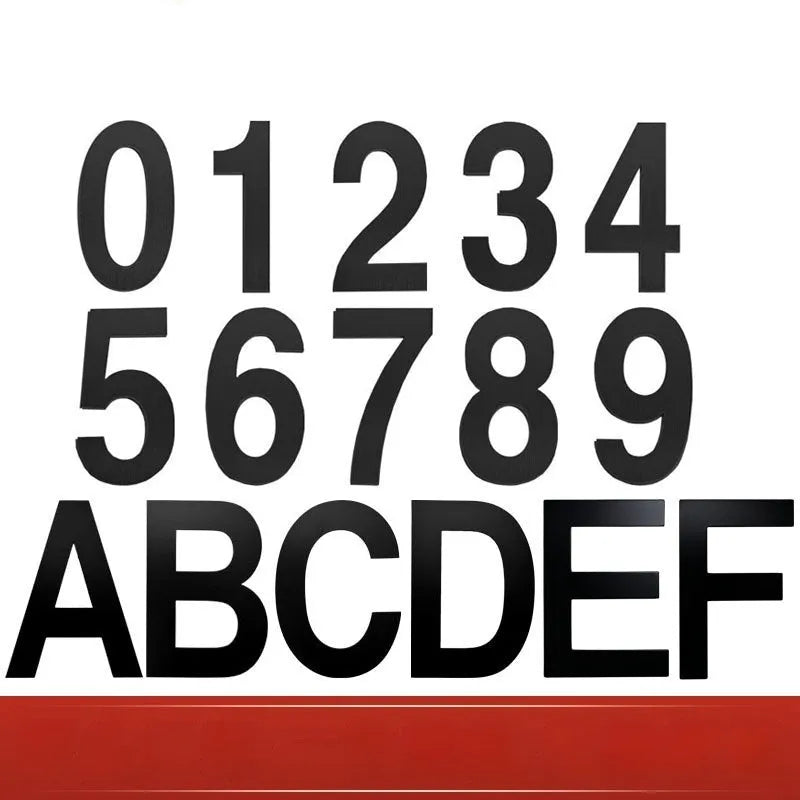 Black stainless steel self-adhesive house number characters showing letters A-F and numbers 0-9, 7.5cm tall.