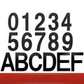 Black stainless steel self-adhesive house number characters showing letters A-F and numbers 0-9, 7.5cm tall.