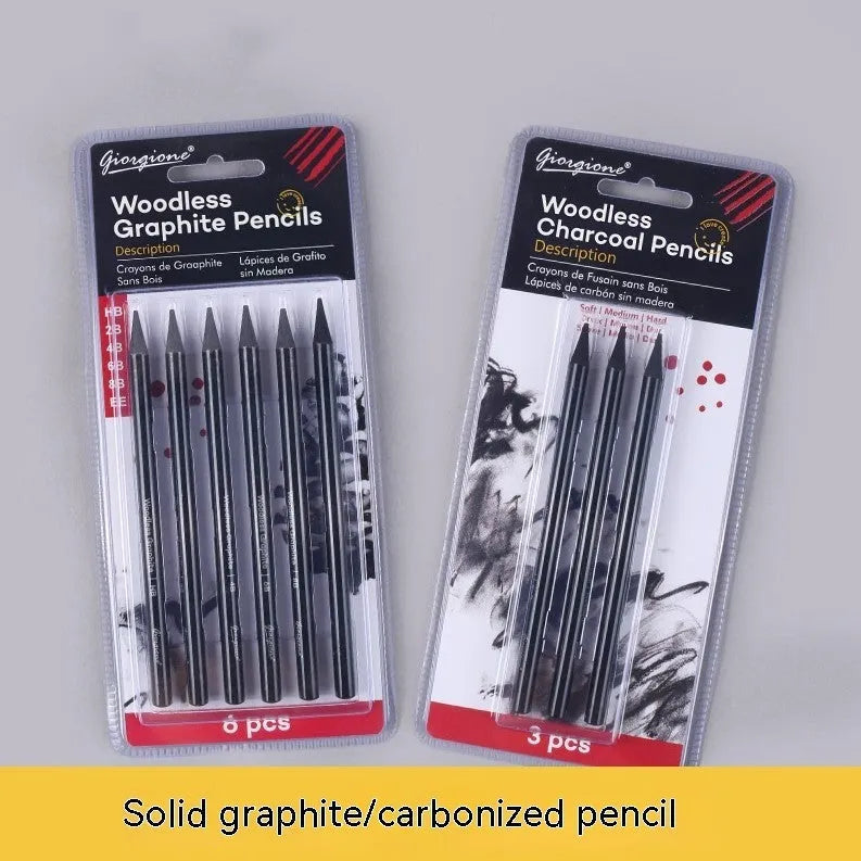 Carbonised and graphite drawing pencil set of nine in a wooden case, showing six graphite and three carbonised pencils.
