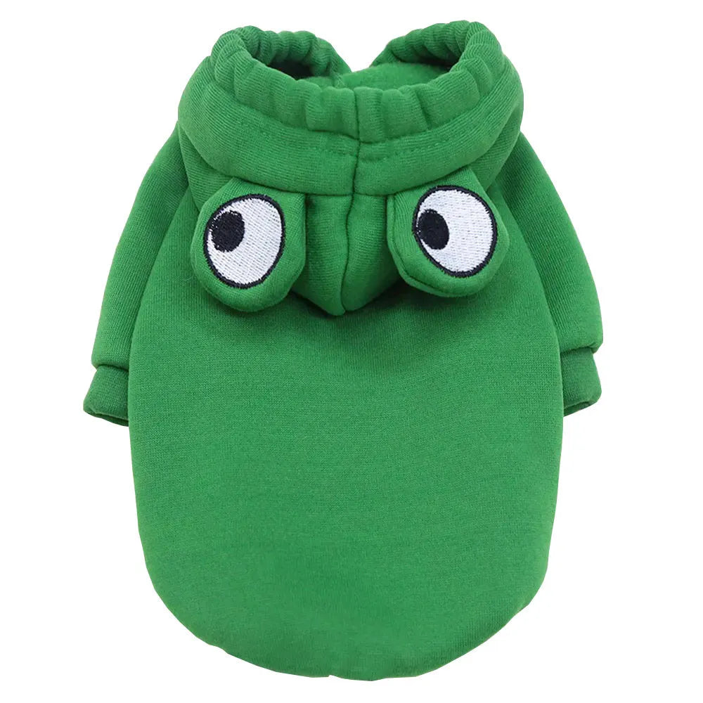 Green frog costume hoodie for small dog or cat with fleece material and front leg openings