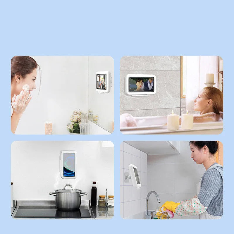 Waterproof bathroom phone case with touch screen mounted on tile, showing anti-fog window and universal phone fit