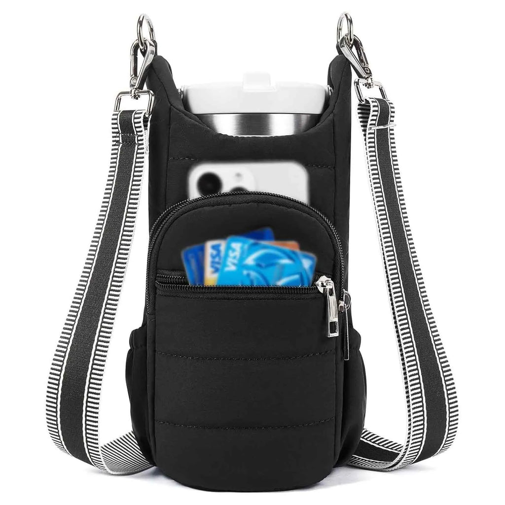 Cloth water bottle bag for bicycles in beige, black, or pink colour.