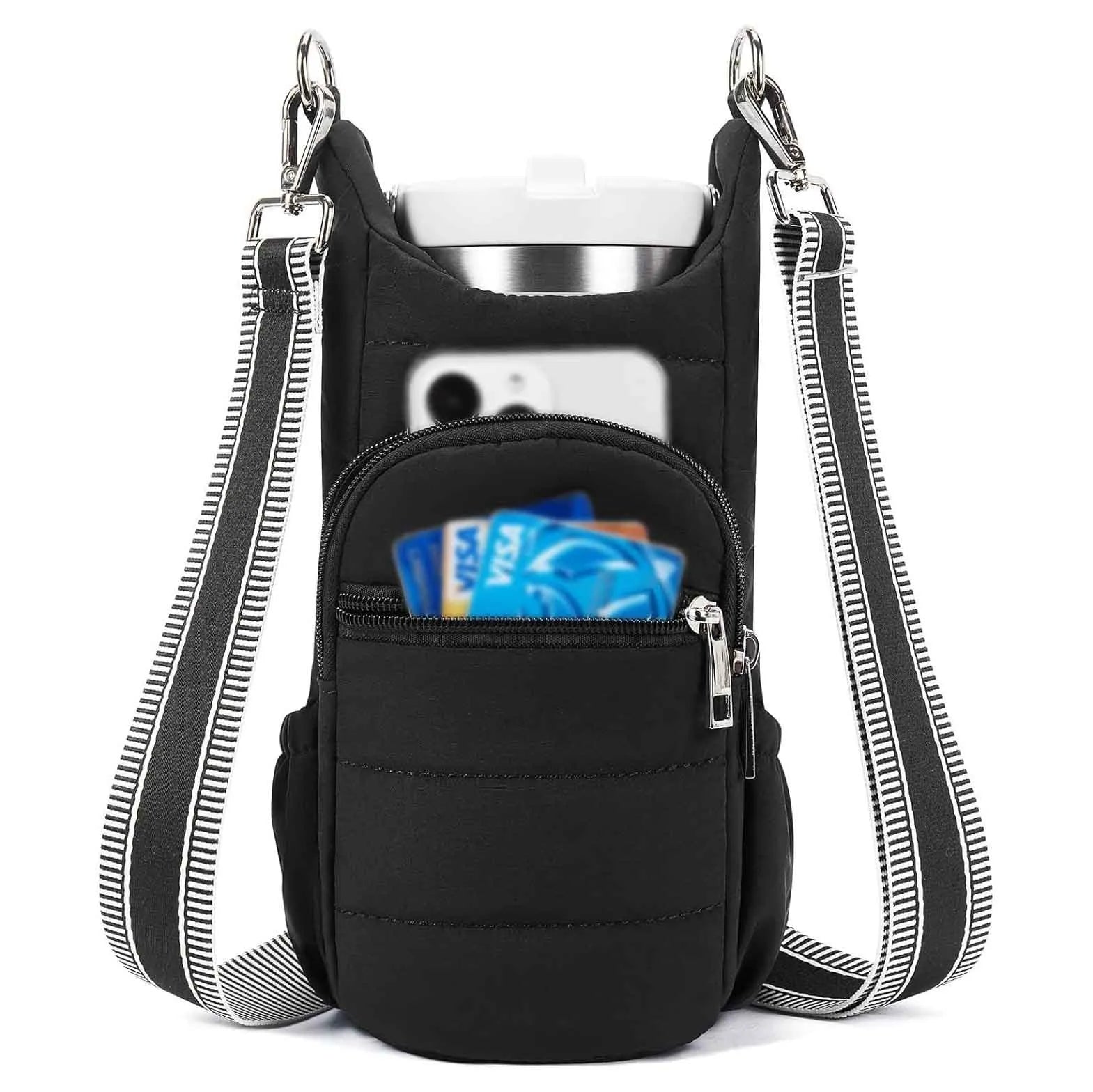 Cloth water bottle bag for bicycles in beige, black, or pink colour.
