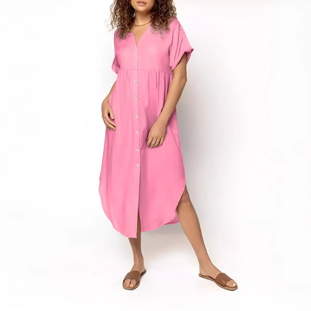Women's button-front casual midi dress in polyester fabric with loose fit and regular sleeves