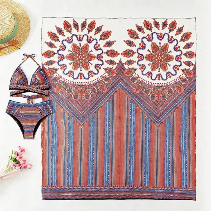 Women's three-piece swimsuit set showing sleeveless cutout blouse, high-waisted briefs, and a coat in the pictured colour.