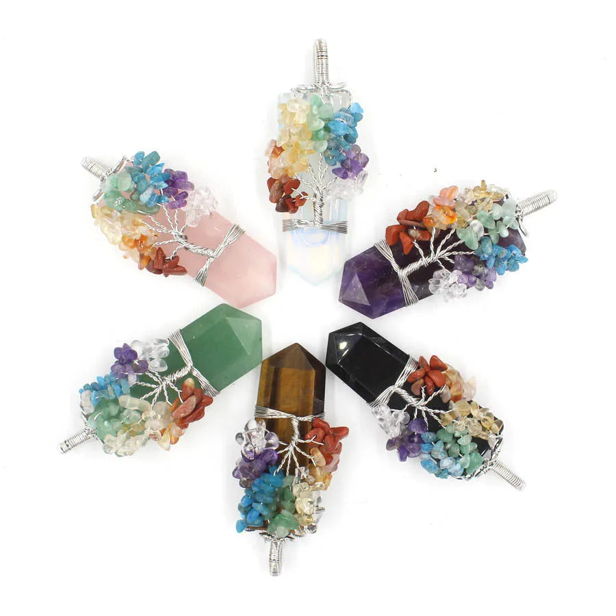 Tree of Life crystal column pendant, 73x30x15mm, unisex, in Amethyst or other listed colours with alloy inlay