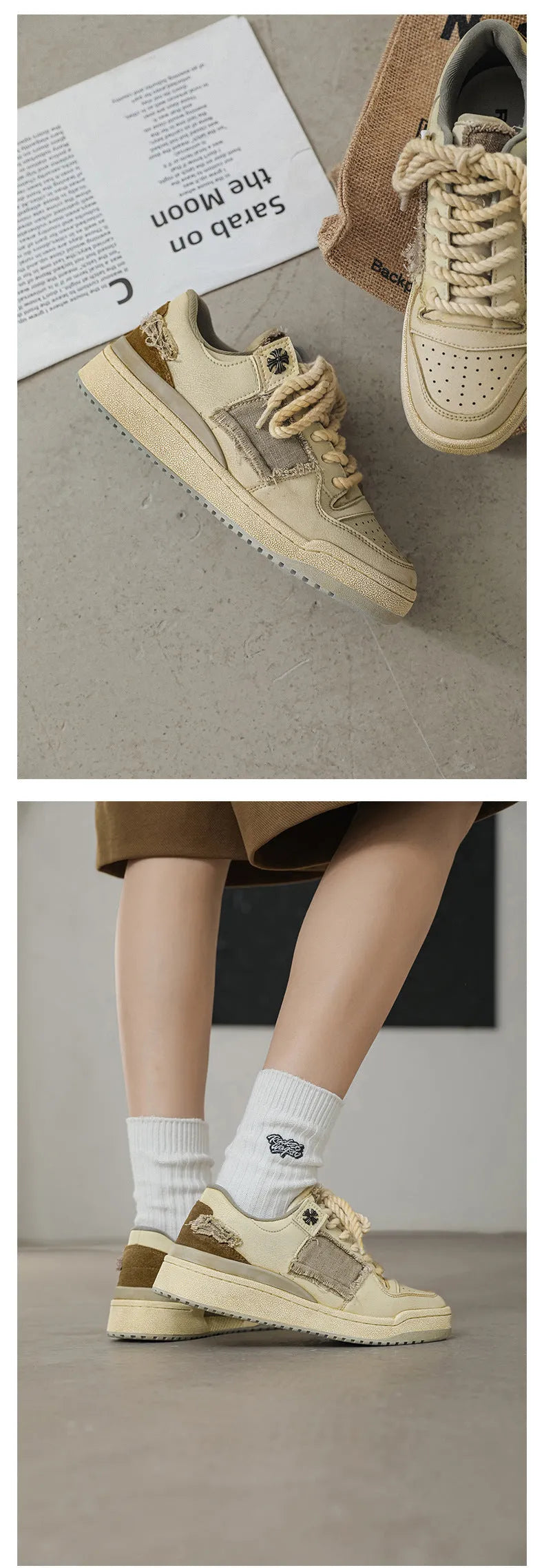 Beige low-top men's skateboard sneakers with a round toe and front lace-up on a rubber sole.