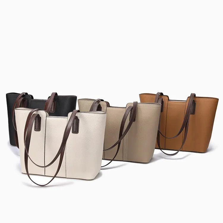 Genuine leather women's commuter shoulder bag in box-type design with large capacity and internal phone pocket