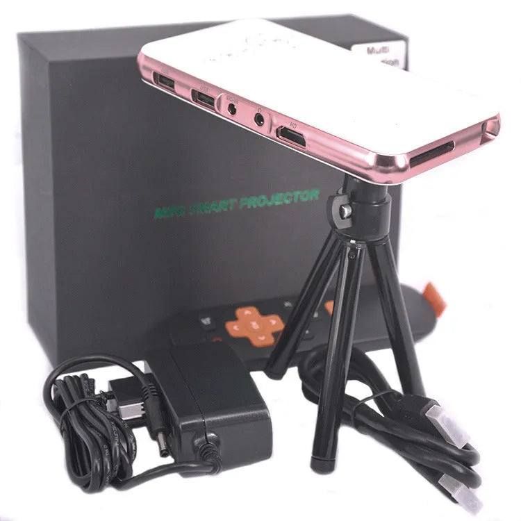 M6S miniature portable Android DLP projector in white rose gold, showing compact 145mm size