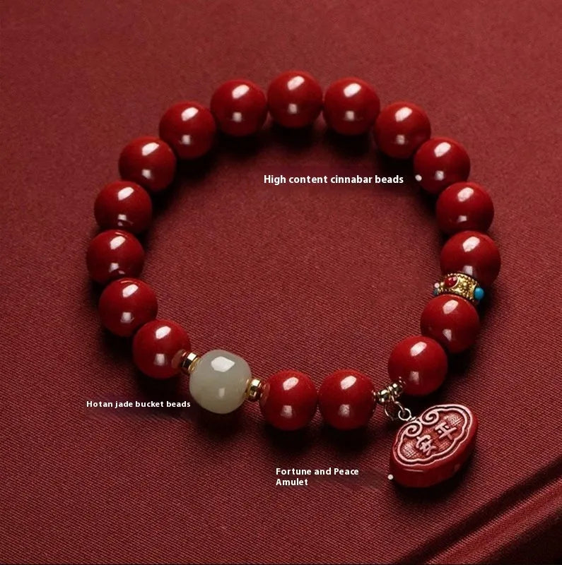 Natural cinnabar Emperor Sandstone Ping An Fu Lu bracelet in 8mm and 10mm bead sizes