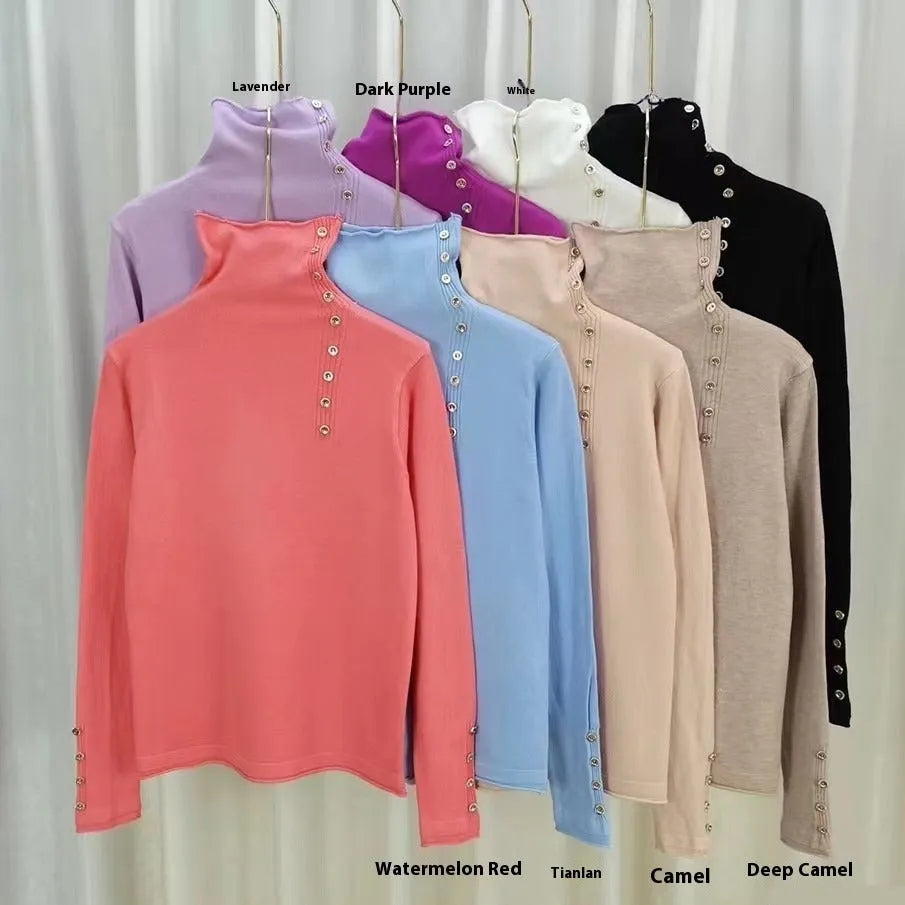 Women's slim fit knitted shirt with 3D pattern in core-spun yarn, shown in multiple colours.
