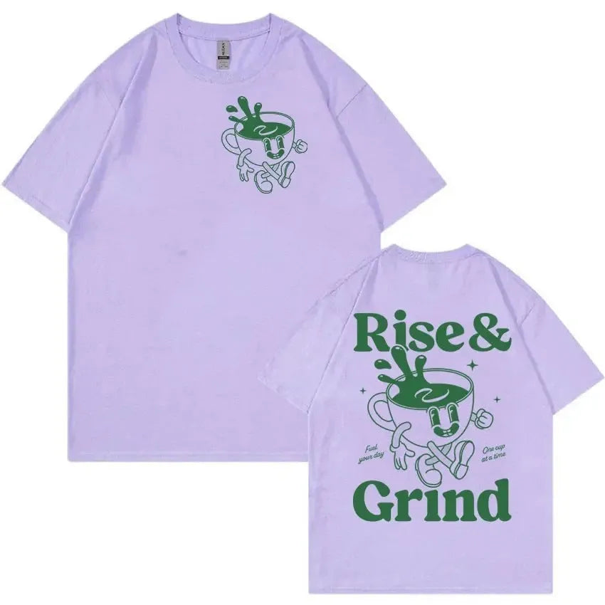 Loose fit linen t-shirt with Rise And Grind Green Coffee cartoon graphic print, shown in multiple colour options.