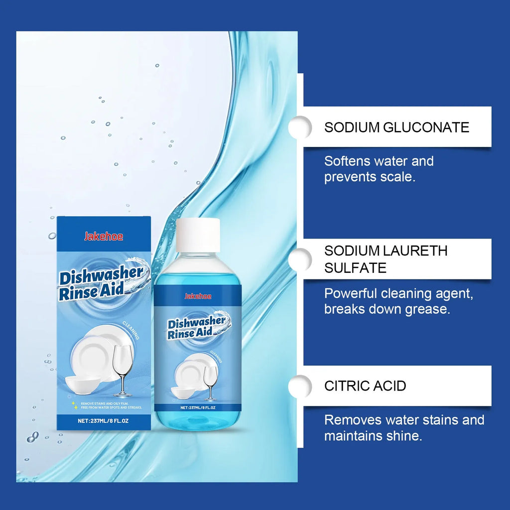 237mL bottle of dishwasher detergent aid liquid for cleaning oily plates and kitchenware.