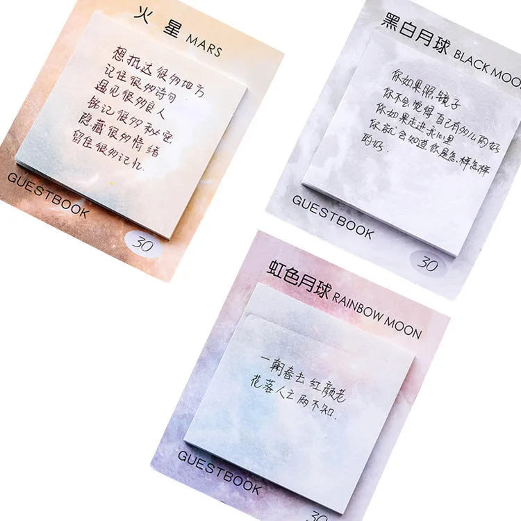 Square planet oil painting sticky notes notepad with Earth, Mars, and moon designs measuring 7.3cm