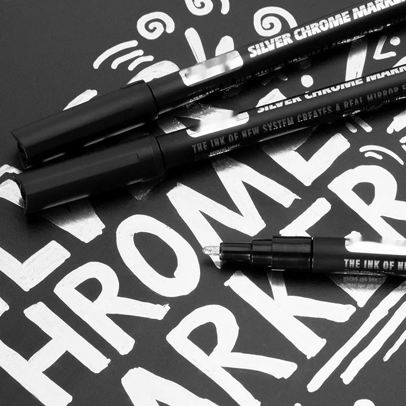 Waterproof mirror marker pen with black ink, shown with 1mm and 2mm tip size options.