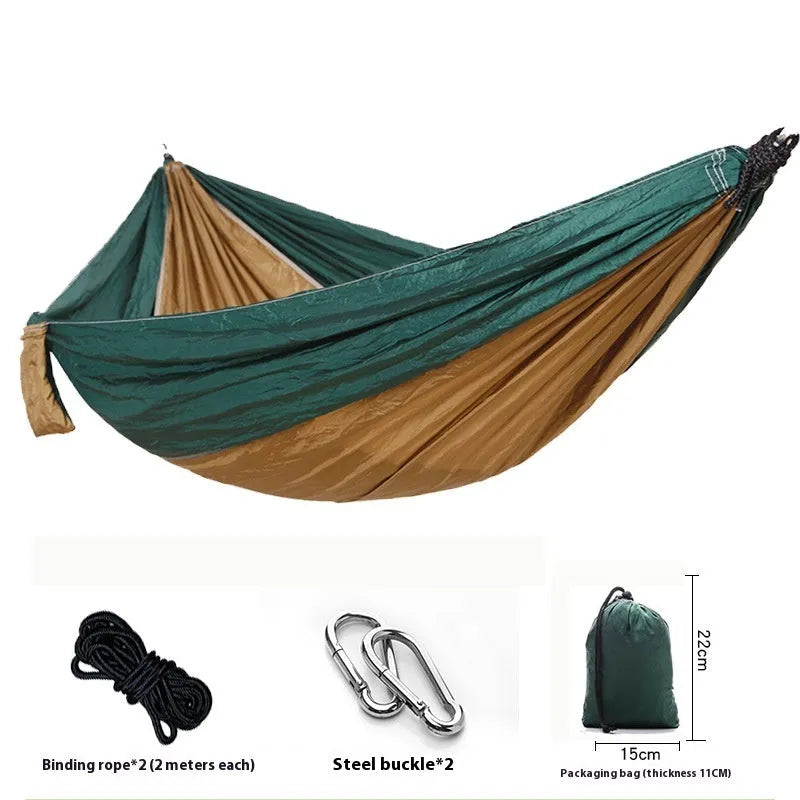 210T nylon parachute cloth double camping hammock with black buckles and ropes in a selected colour.