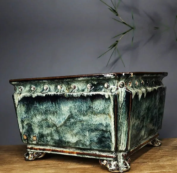 Large diameter ceramic flower pot with handmade crackle glaze surface in Chinese style, available in Dark, Light mung bean, or White.