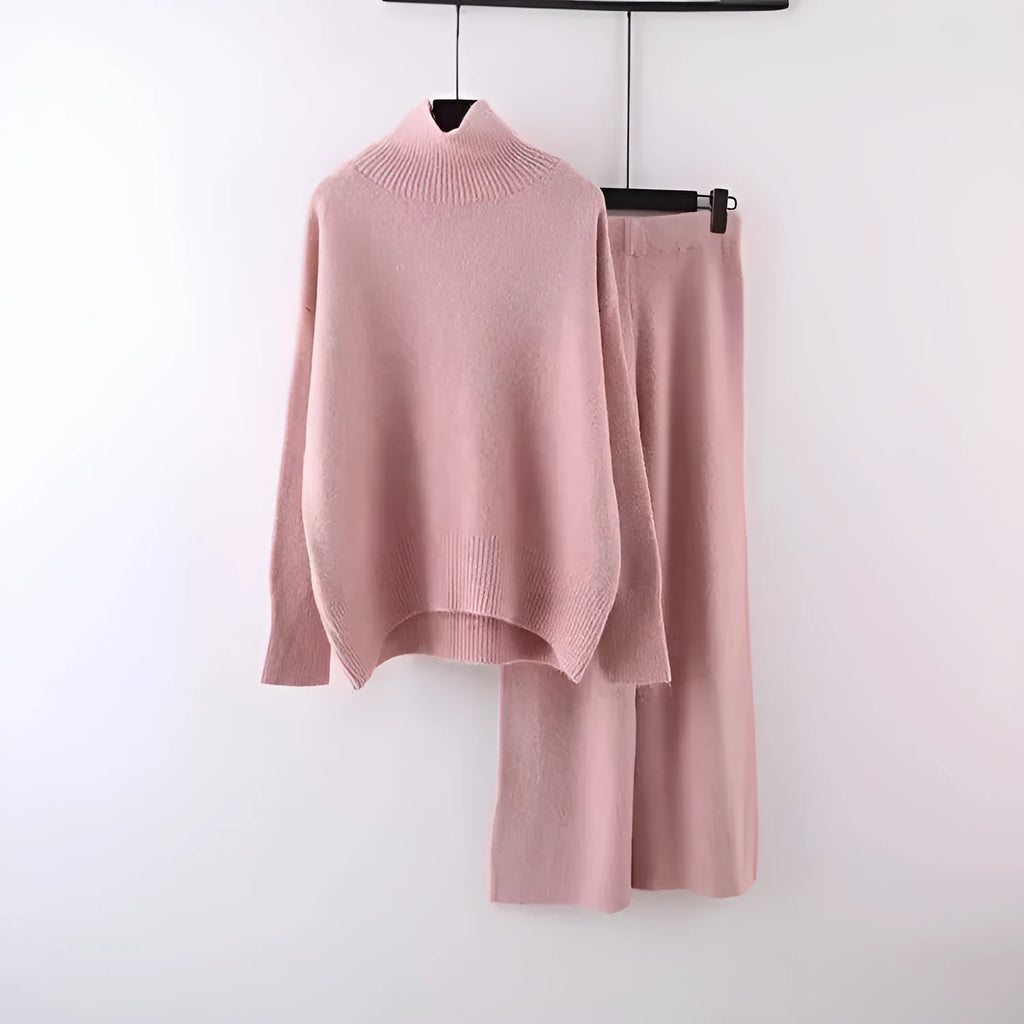 Women's casual two-piece set with acrylic fibre sweater and matching wide-leg trousers in solid colour