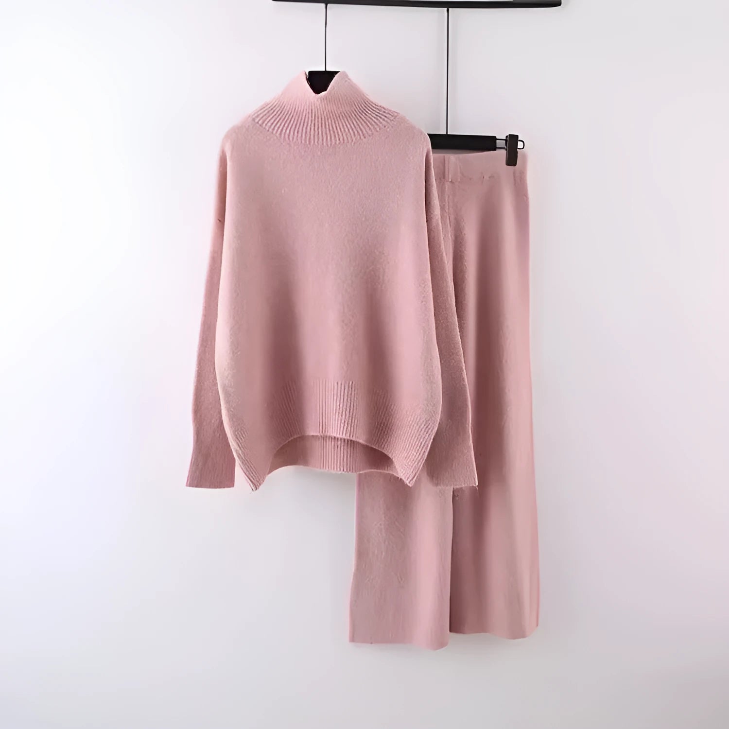 Women's casual two-piece set with acrylic fibre sweater and matching wide-leg trousers in solid colour