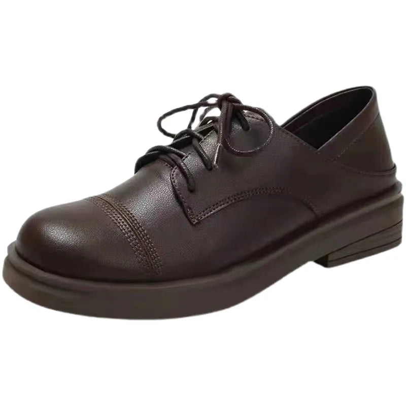 Slimming low heel British leather shoes for women, platform cross strap round toe, black and dark brown, sizes 35-40