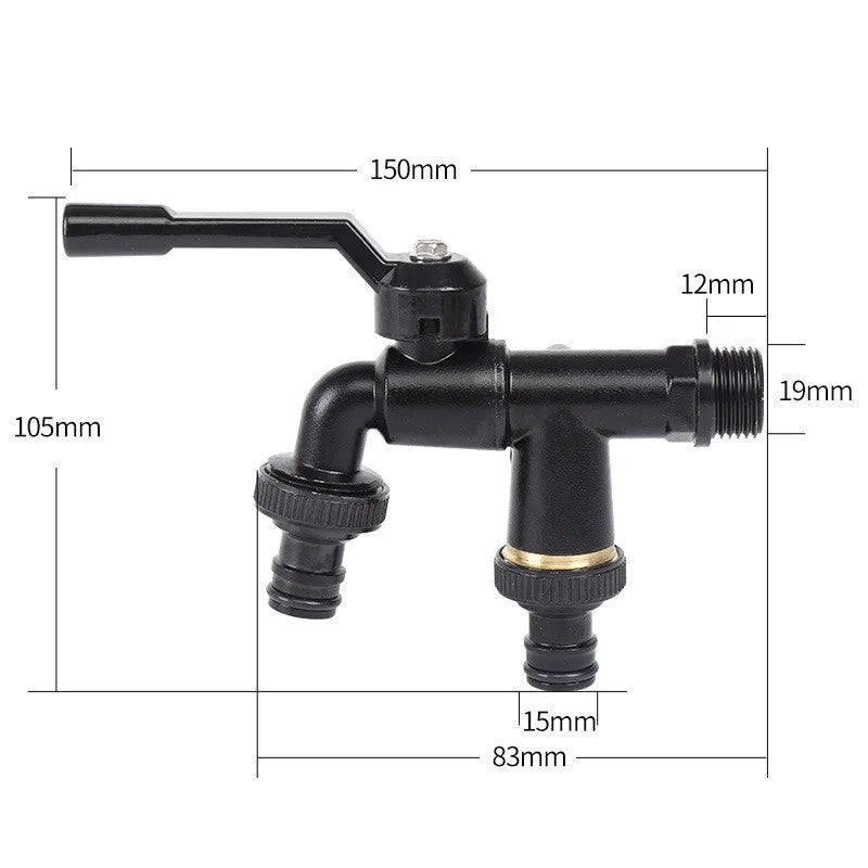Black plated zinc alloy garden tap with double water outlet and 1/2 connection reference