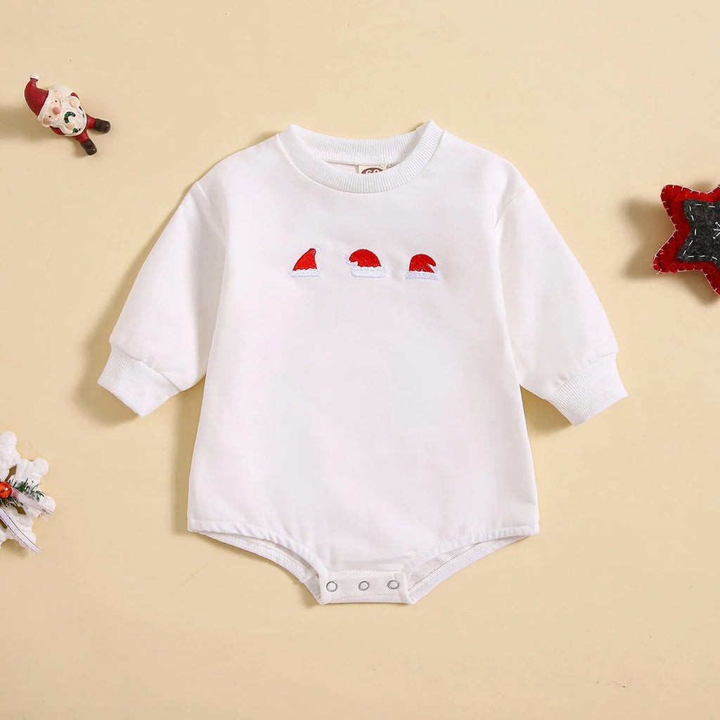 Baby Christmas cotton jumpsuit with printed hat, white or red, triangle style, sizes 60cm to 90cm