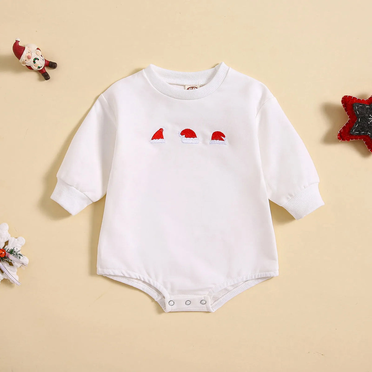 Baby Christmas cotton jumpsuit with printed hat, white or red, triangle style, sizes 60cm to 90cm