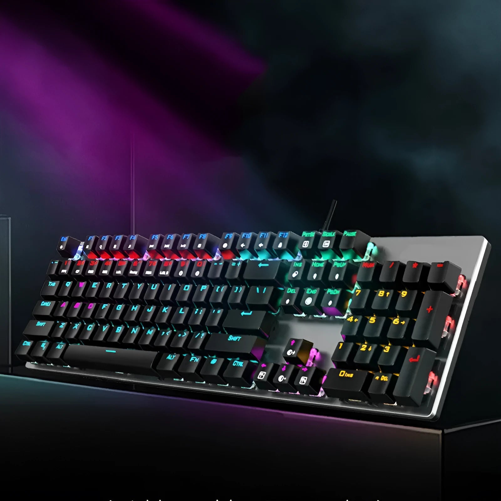 GK410 mechanical keyboard with Green switches, metal frame and 104-key layout on desktop