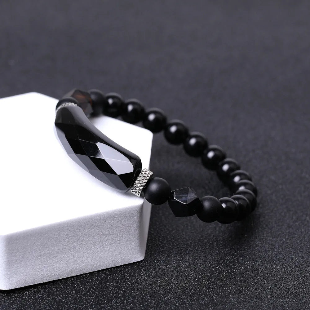 Diamond-shaped cut agate bracelet with geometric fan design showing faceted surfaces and colour options