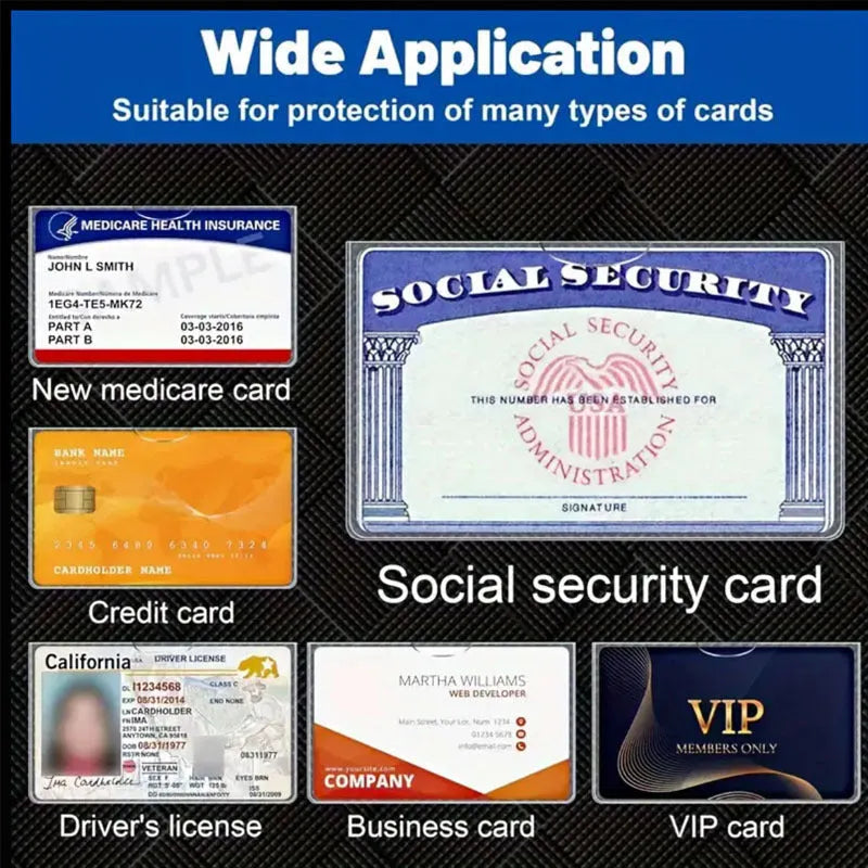 Transparent PVC waterproof cover for a social security card, showing dimensions of 9.7 by 5.9 centimetres.