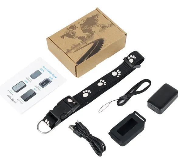 Black GPS pet tracker with ABS casing and USB charging port