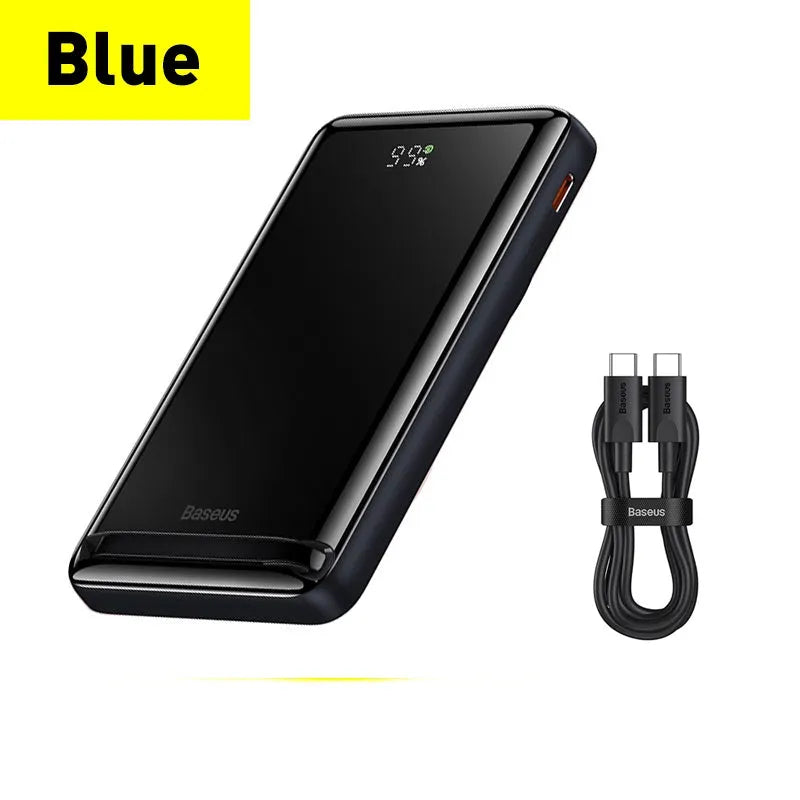 Slim blue 3-in-1 magnetic wireless power bank showing dimensions 117x70x20mm