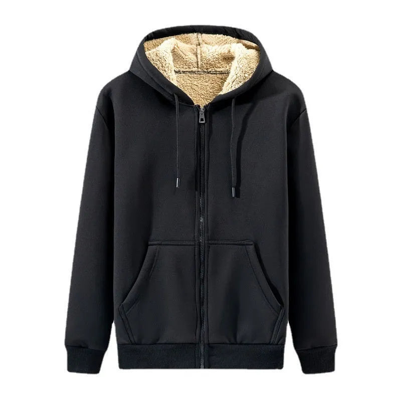 Men's black hooded zipper cardigan jacket with wool lining, loose fit, long sleeves, sizes M to 5XL