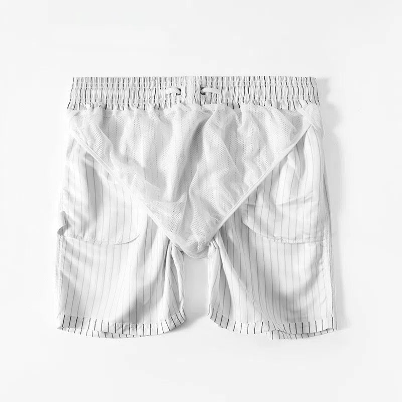 Men's white striped quick-drying beach pants with lining, loose plus size, sizes M to XXXL