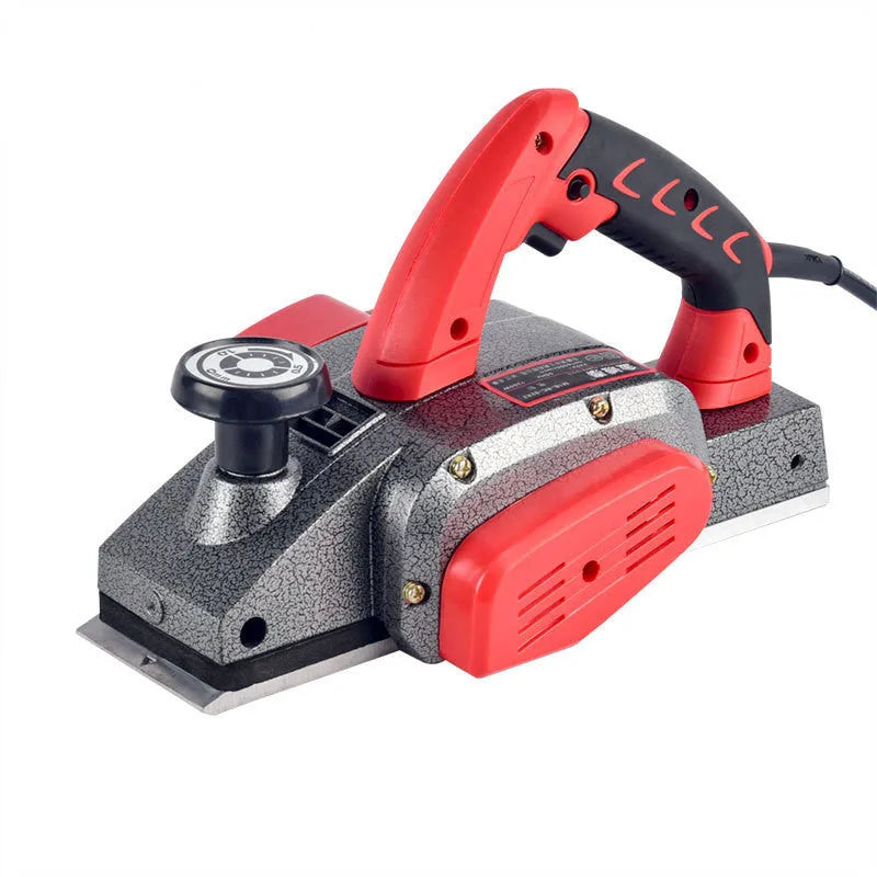 Red household desktop electric push planer tool with aluminium shell for woodworking.