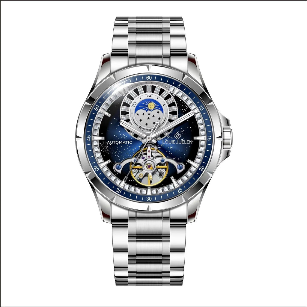 Silver automatic mechanical watch with blue dial and stainless steel bracelet on wrist