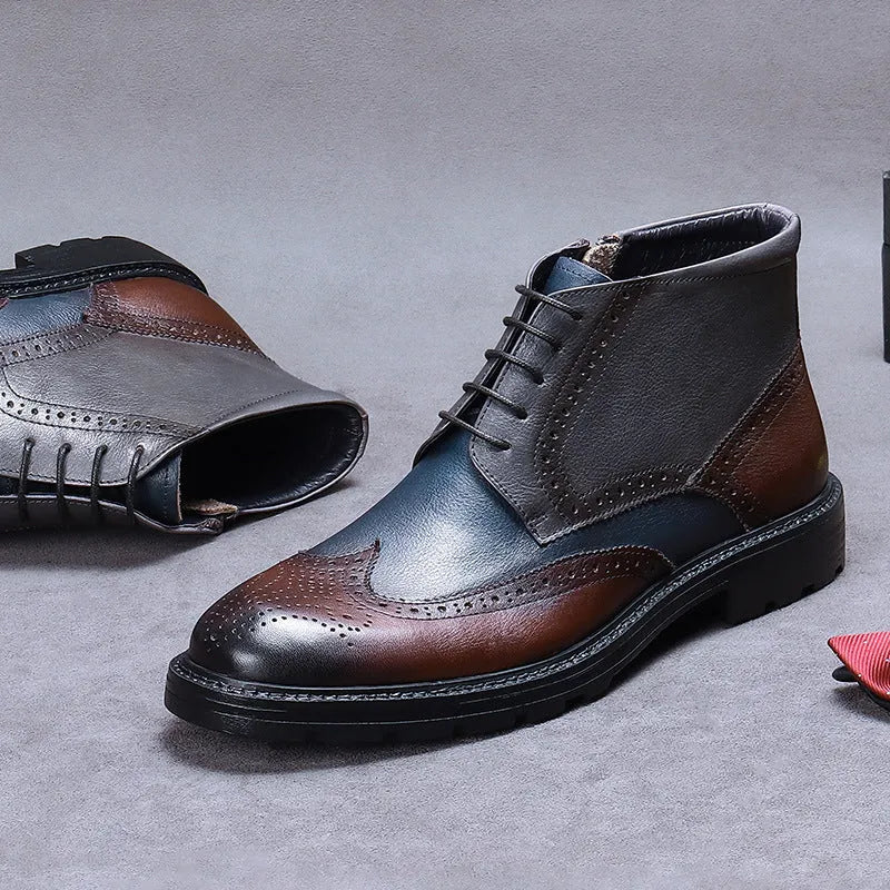 Men's coffee blue leather brogue boots with carved stitching and low square heel