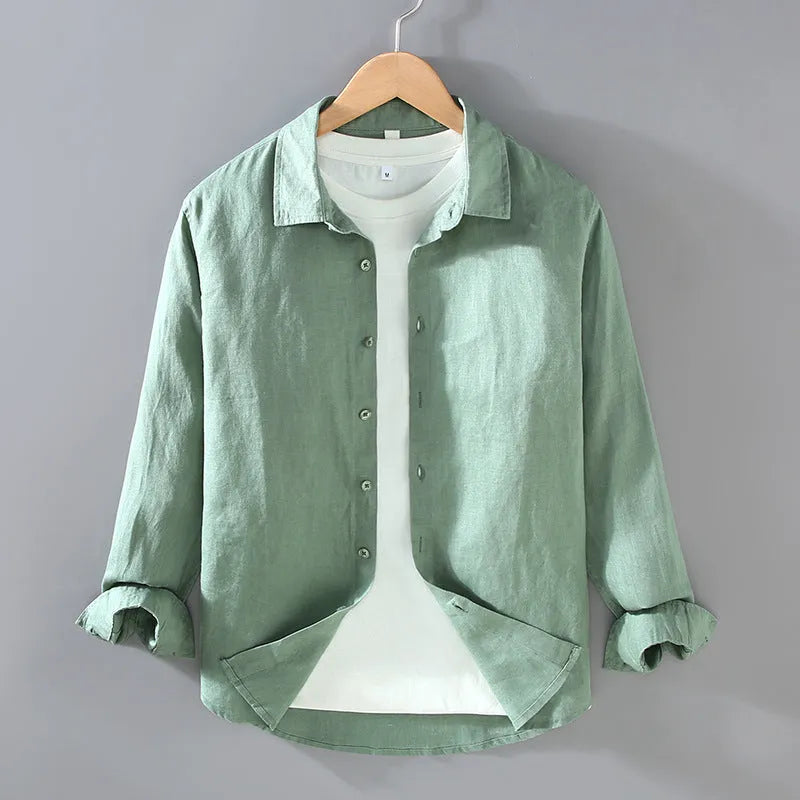 Men's linen shirt in cardigan style with long sleeves showing solid colour options