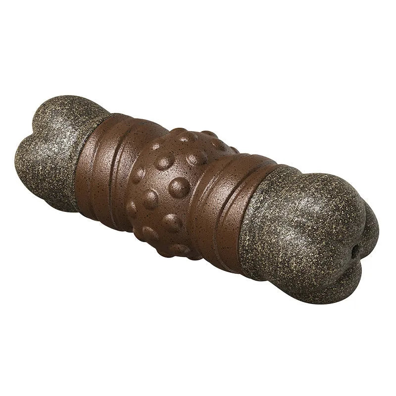 Wood colour plastic dog dental chew toy with textured molar rod design for plaque reduction