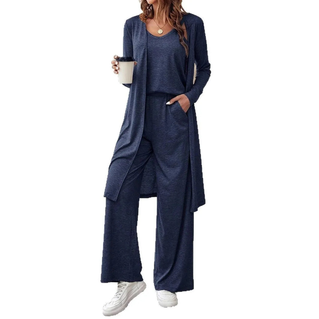 Blue women's casual co-ord suit with long sleeve cardigan and trousers on a hanger