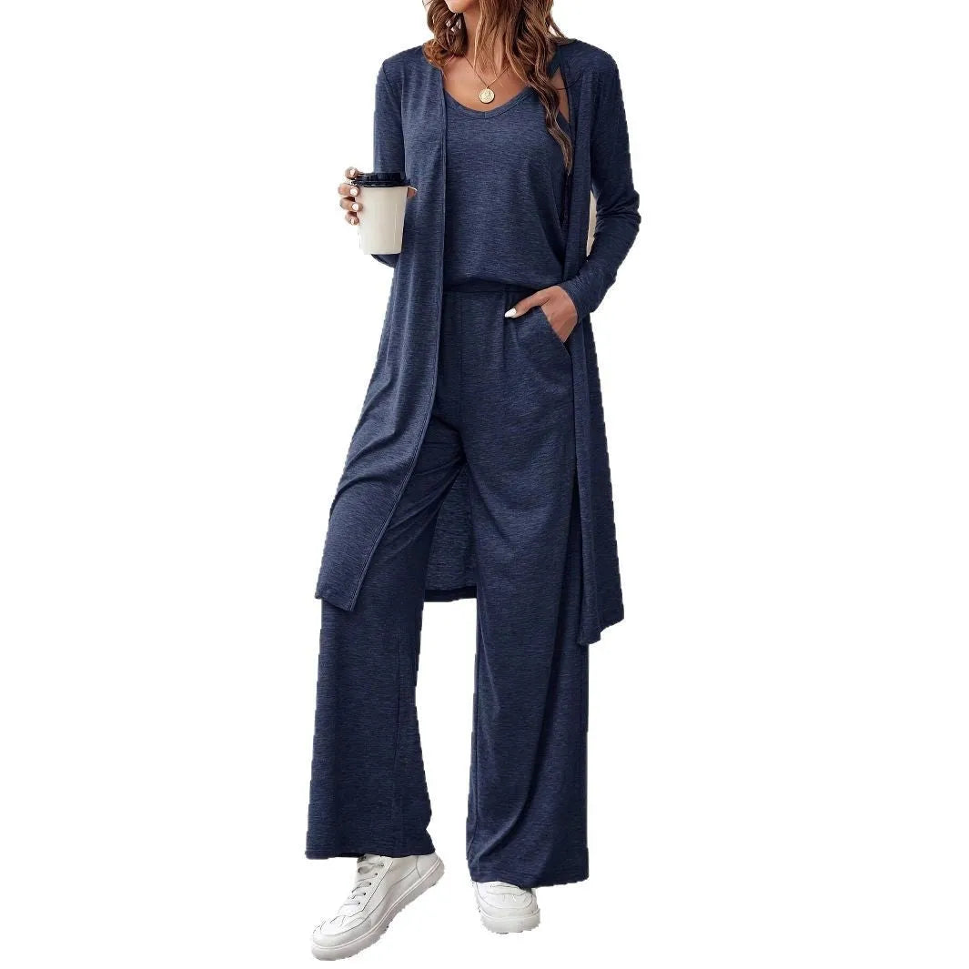Blue women's casual co-ord suit with long sleeve cardigan and trousers on a hanger