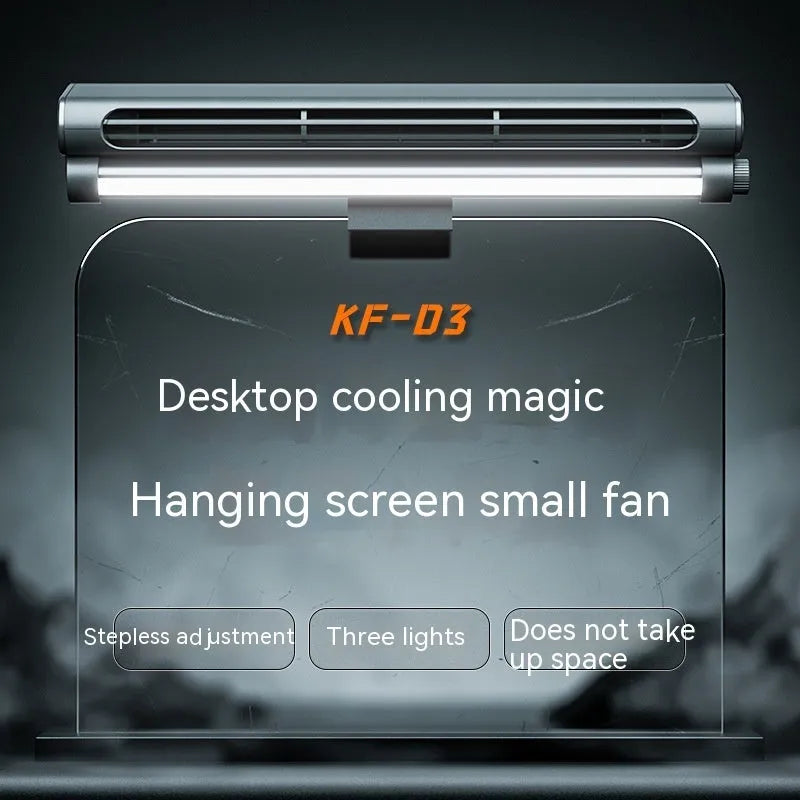 Black bladeless USB desk fan with clip-on screen attachment and adjustable LED lighting lamp