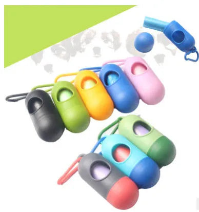 Compact dog poop bag holder dispenser with Velcro strap and side hook for attaching to leads or clothing