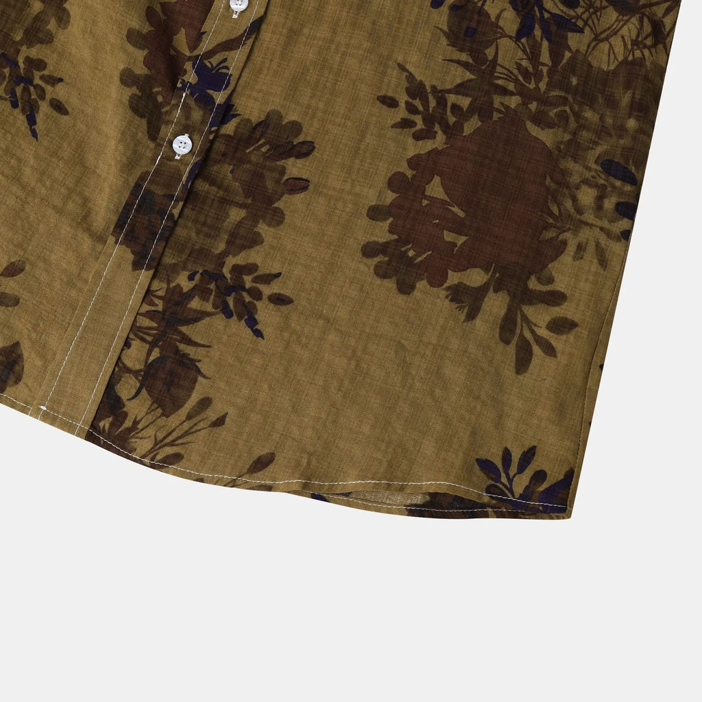 Men's floral lapel shirt in cotton, shown in grey, khaki, yellow and burgundy, sizes M to 3XL