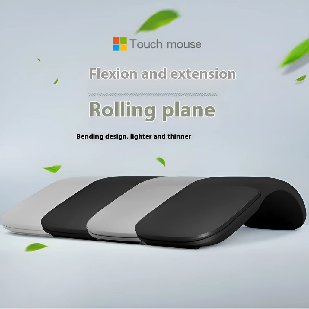Black folding Bluetooth wireless mouse showing compact 131.2mm design with touch surface