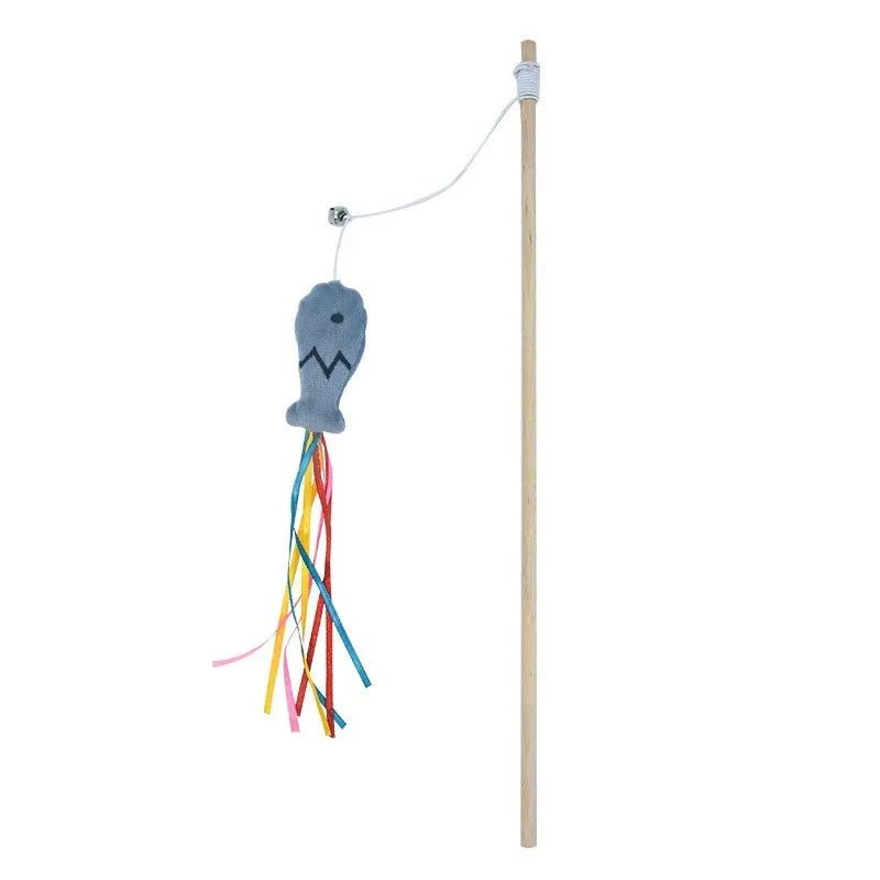 Colourful cat wand toy with ribbons, catnip fish, bell, and wooden handle.